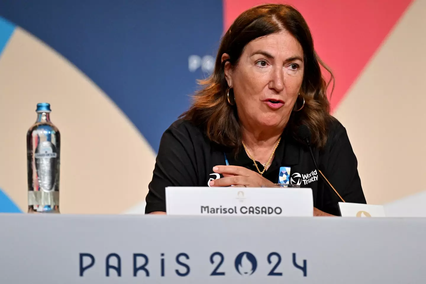 President of the International Triathlon Union Marisol Casado seen at a press conference. (ANDREJ ISAKOVIC/AFP via Getty Images)
