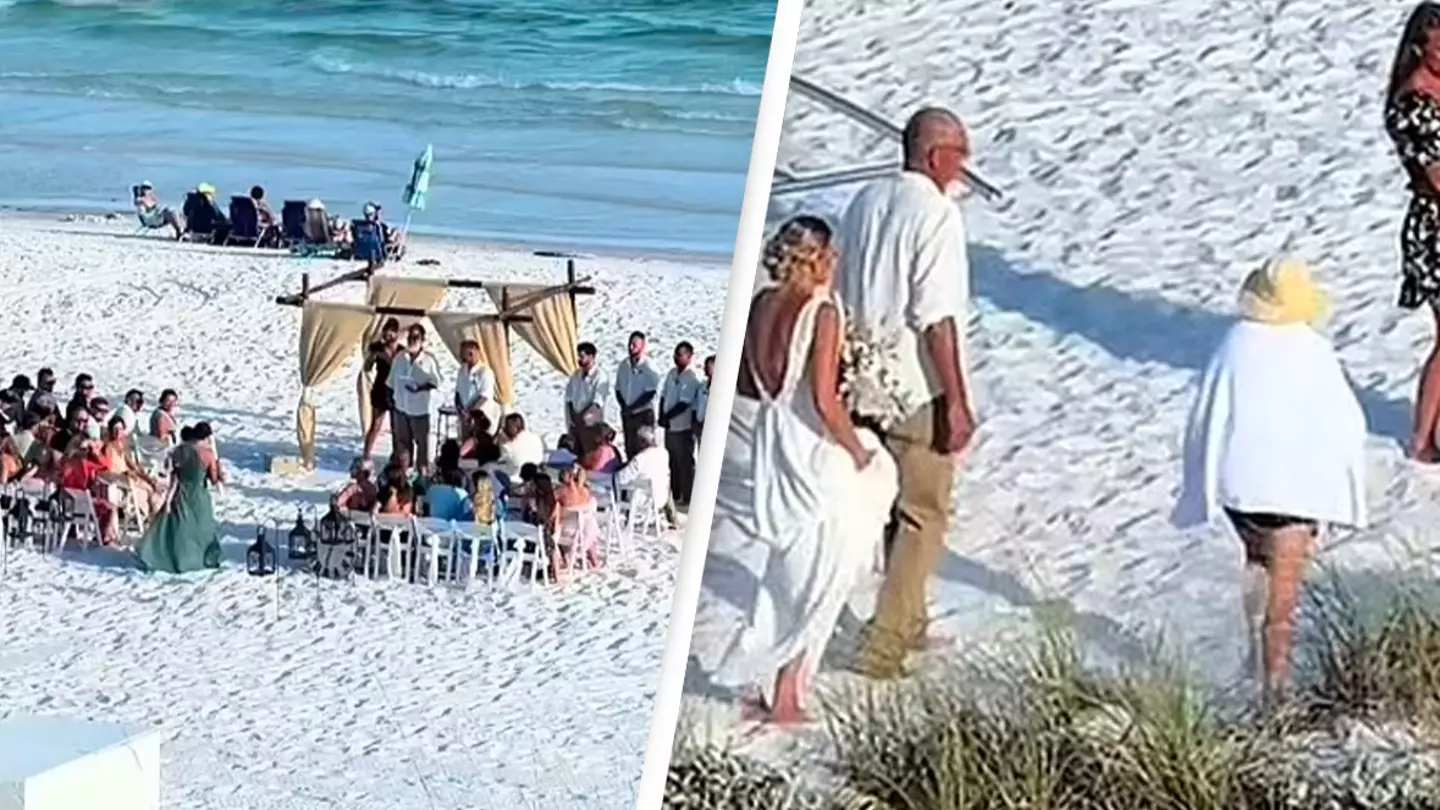 Influencer loses it with woman who walks through the middle of wedding at beach