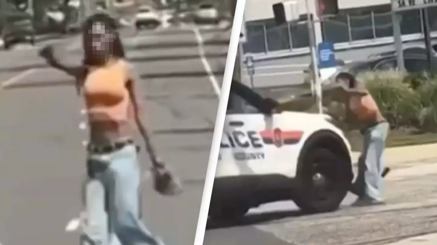 Cop praised after using car to knock over woman firing gun in public
