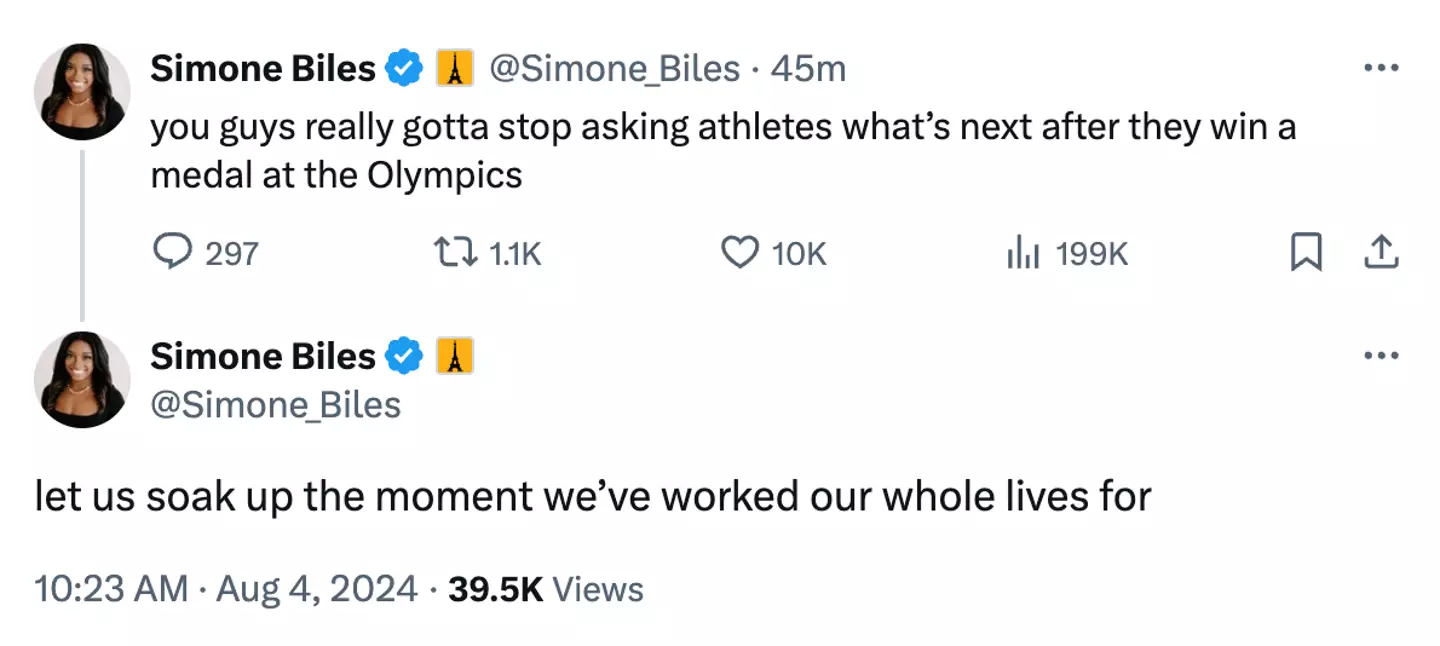 Simone Biles shared the question she thinks athletes shouldn't be asked. (X)