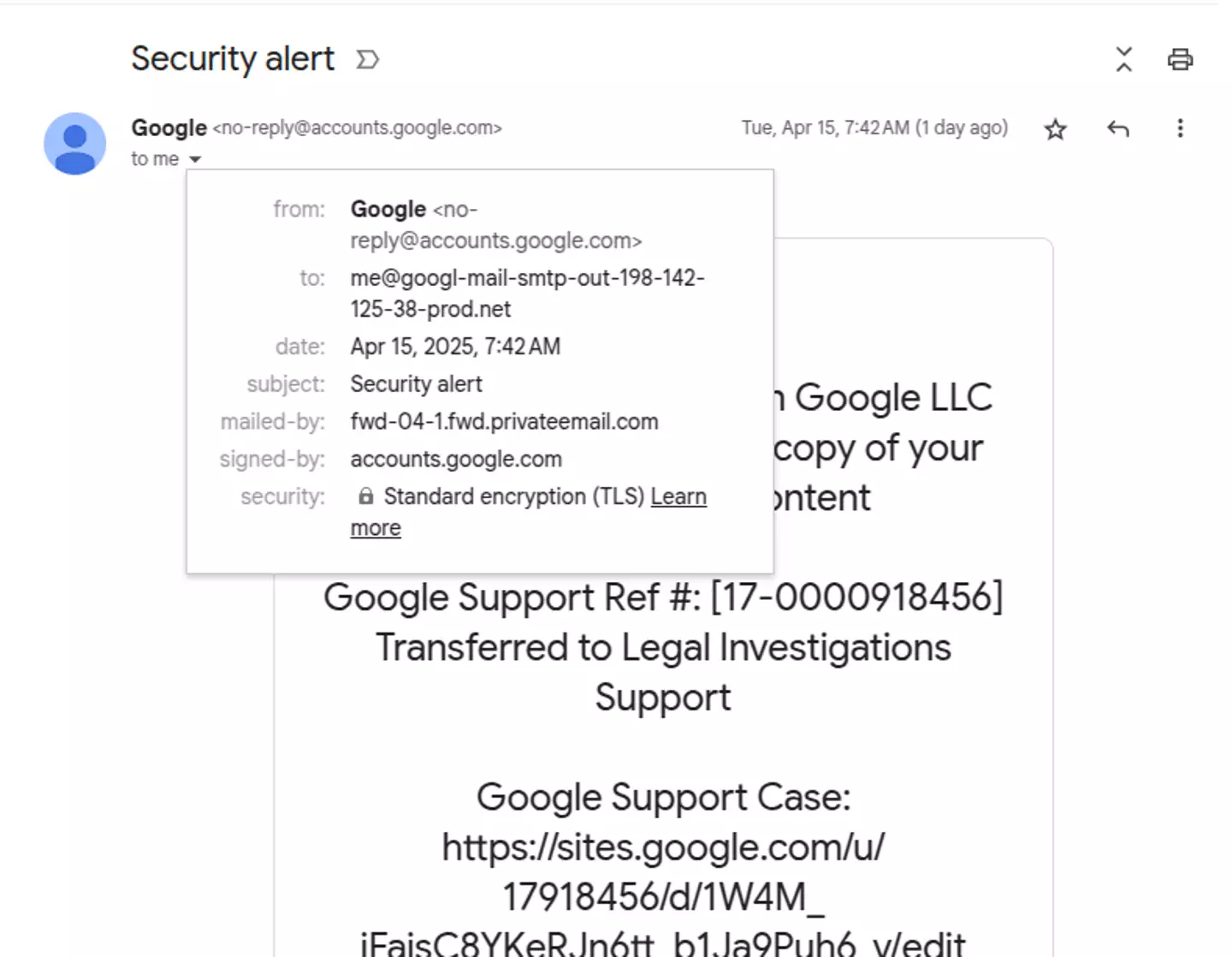 The email was 'really sent from no-reply@google.com' (Twitter/ @nicksdjohnson)