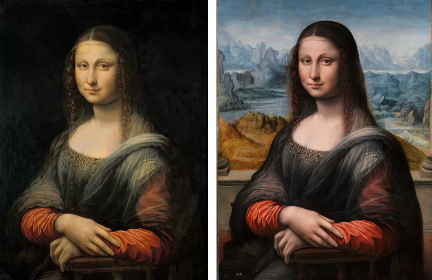 The Mona Lisa copy before (L) and after (R) being restored.