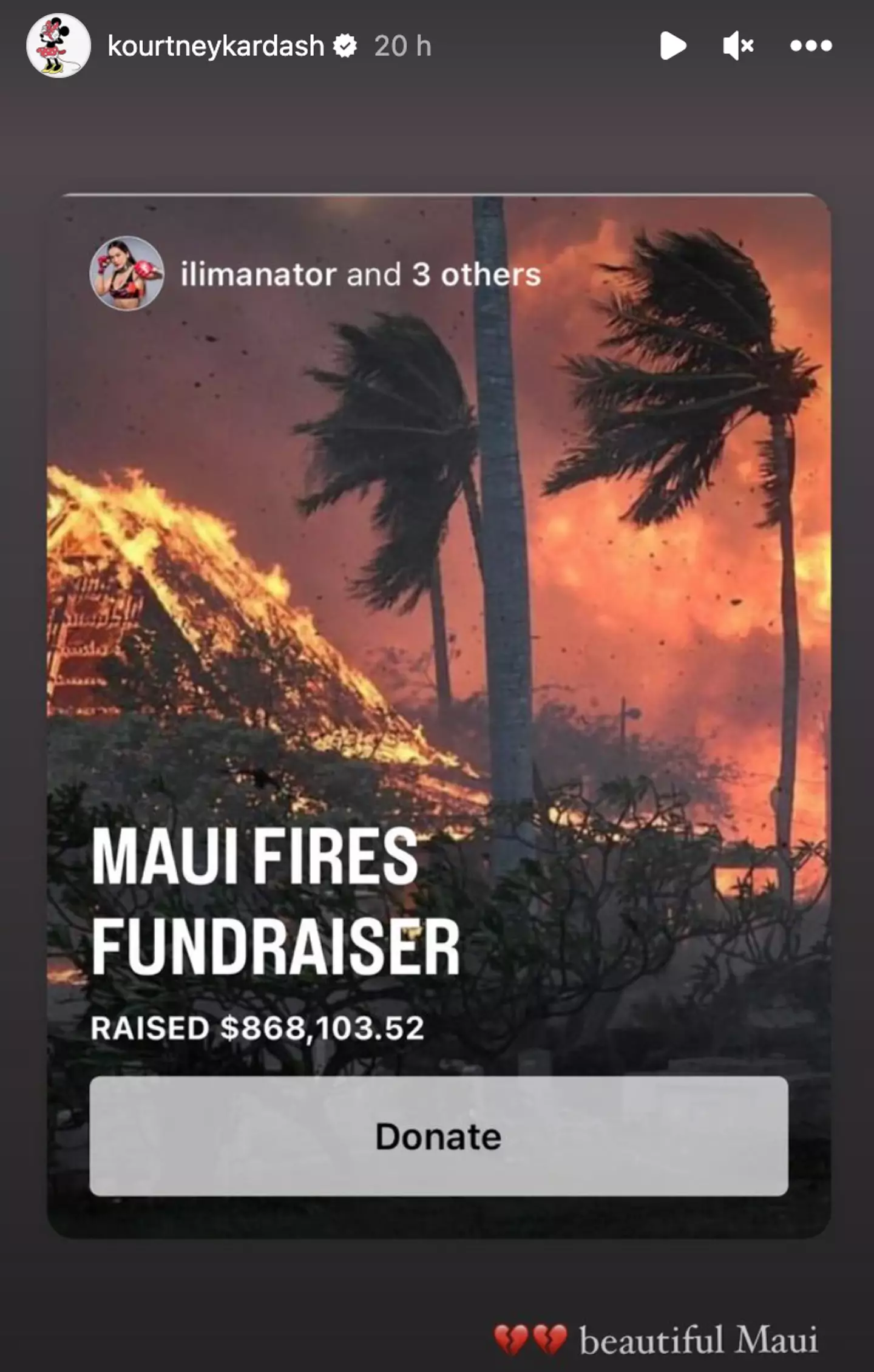 Kourtney shared a link to a Maui fundraiser on her Instagram Story.