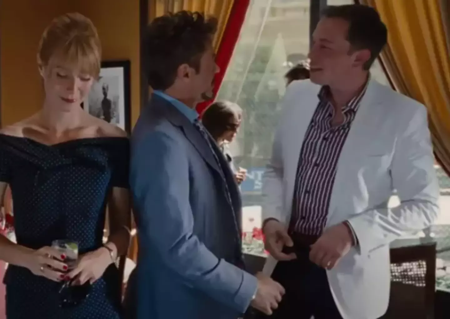 Tony Stark and Pepper Potts bump into Musk and exchange pleasantries (Paramount Pictures/ Walt Disney Studios Motion Pictures)