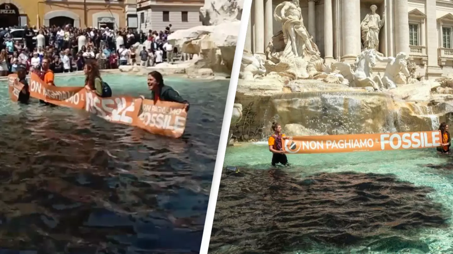 Climate activists jump into Rome's Trevi Fountain and dye the water black