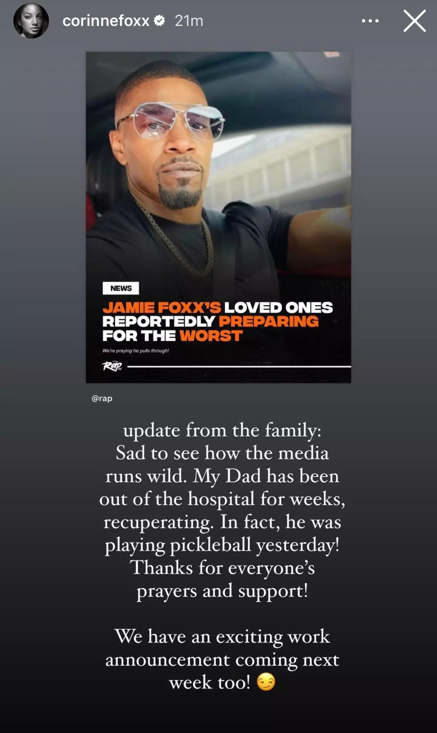 Corine responded to the rumours on social media.