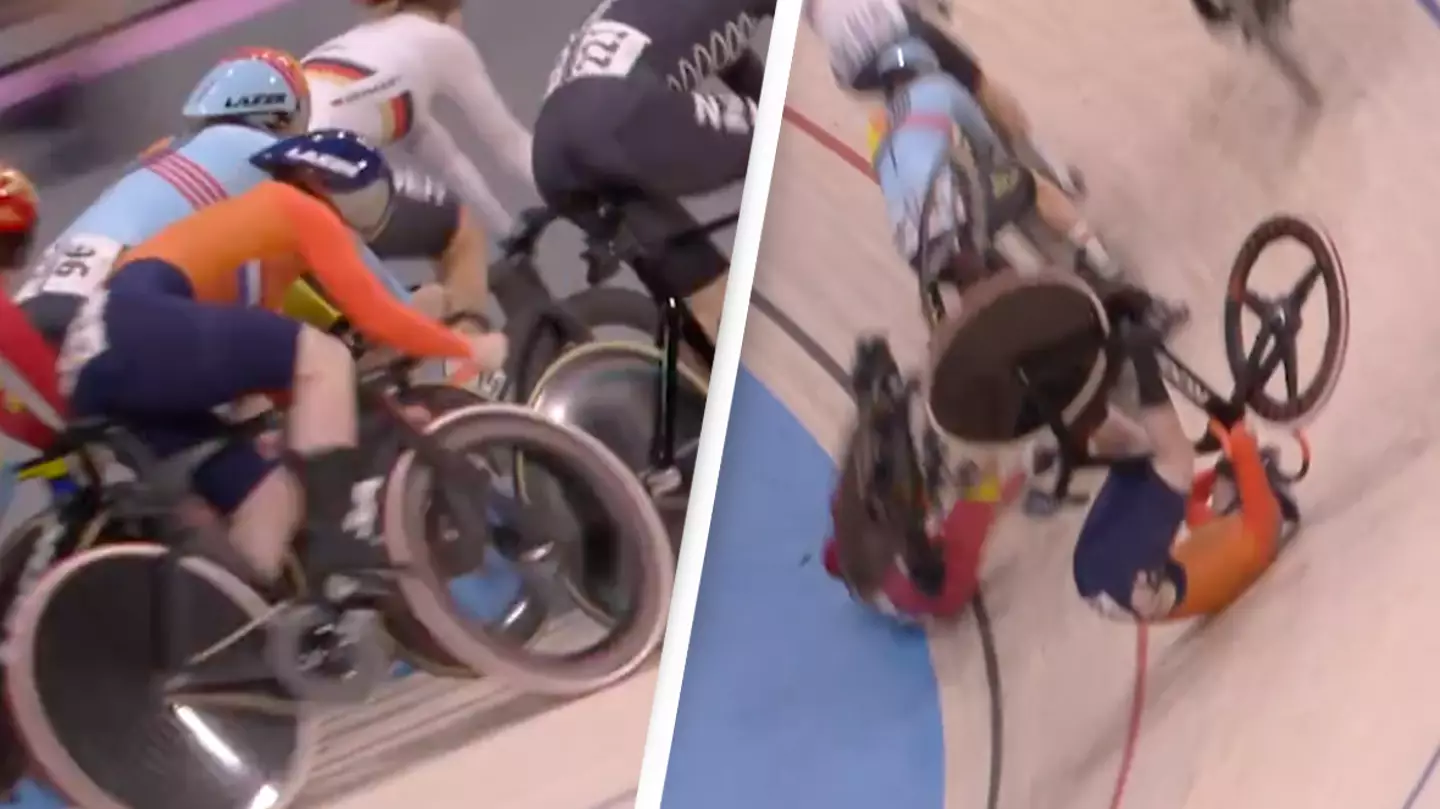'Brutal' moment three cyclists collide at top speed in terrifying crash at Olympic velodrome