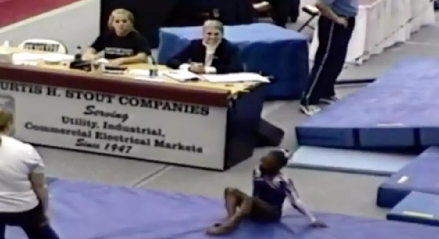 The young Simone Biles seen in the clip is upset to not have landed her vault. (TikTok)