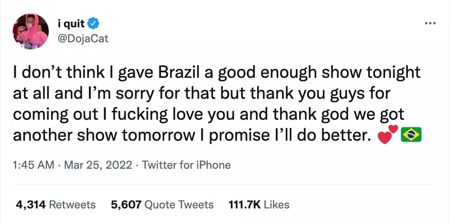 Doja Cat, born Amala Ratna Zandile Dlamini, previously acknowledged, however, that she failed to give “Brazil a good enough show” on Thursday (Twitter Doja Cat).