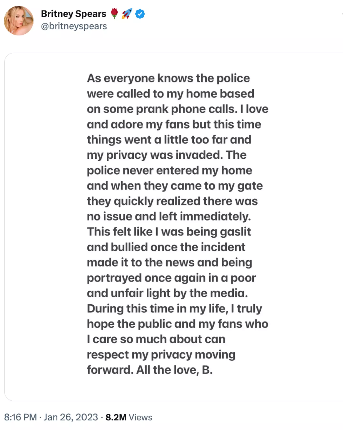 Last month, Spears said police arrived at home after ‘prank calls’.