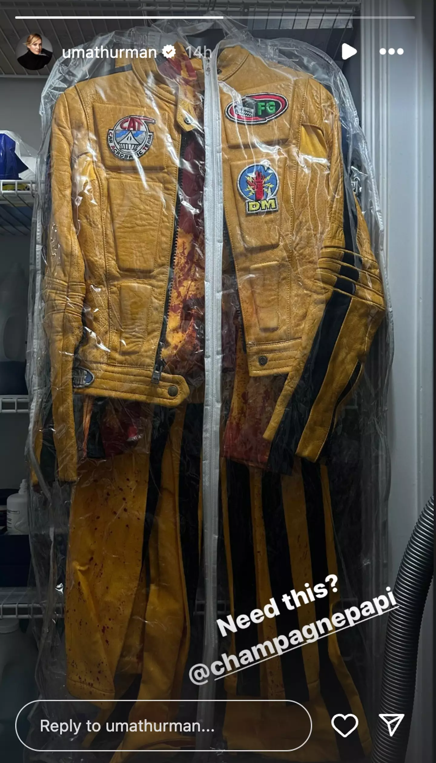 Thurman offered her iconic Kill Bill suit to Drake. (Instagram/umathurman)