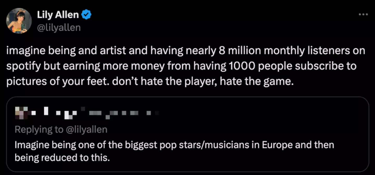 The singer responded to a critic on Twitter (X/@lilyallen)