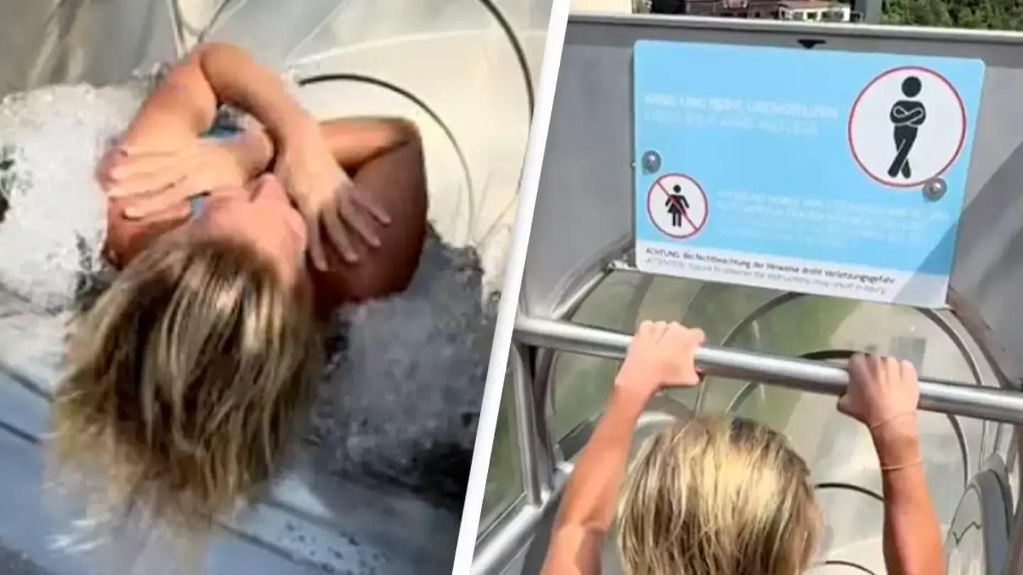 Female diver ignores warning for 'no women allowed' on waterslide and goes down anyway