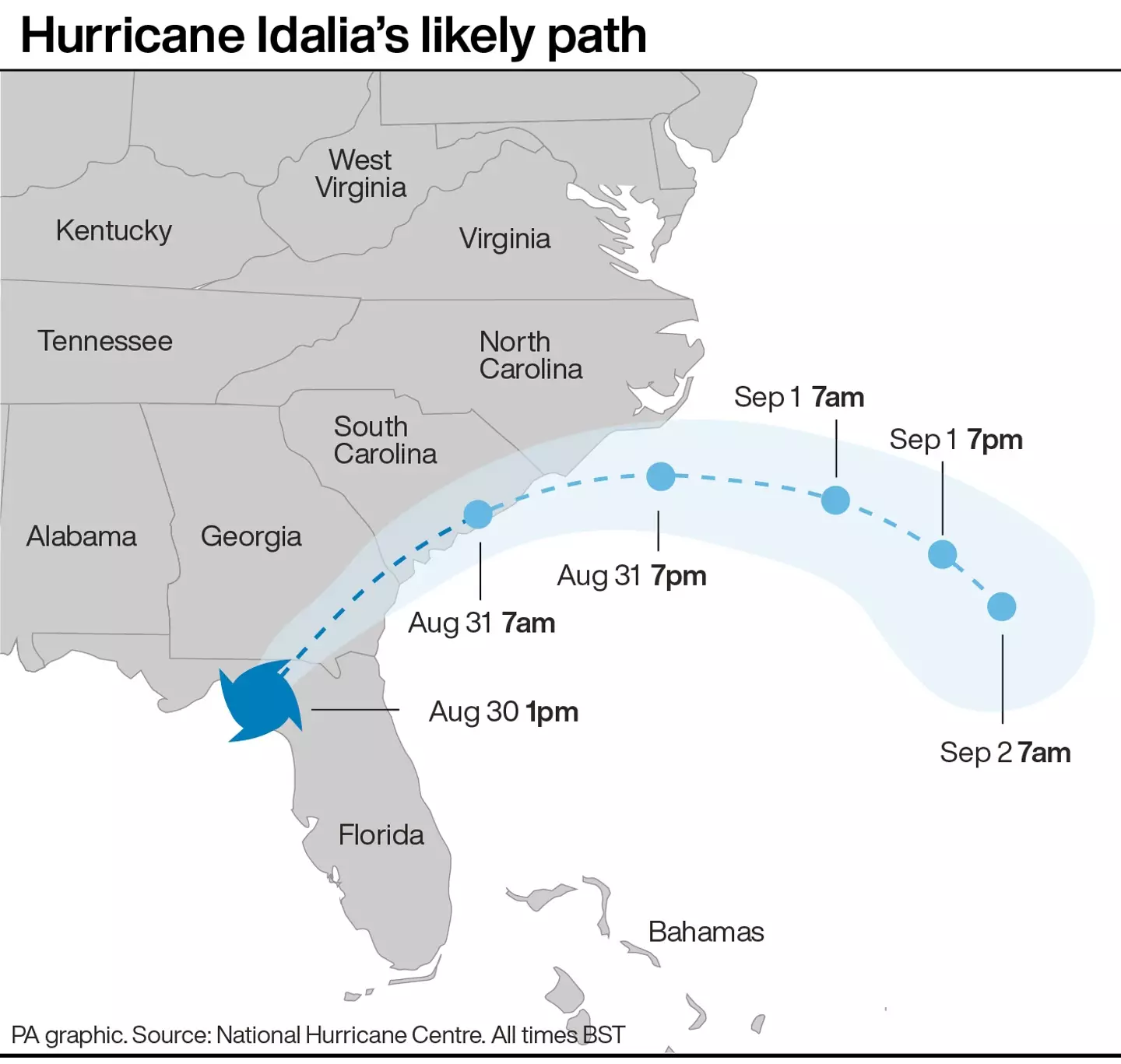 Hurricane Idalia's likely path.