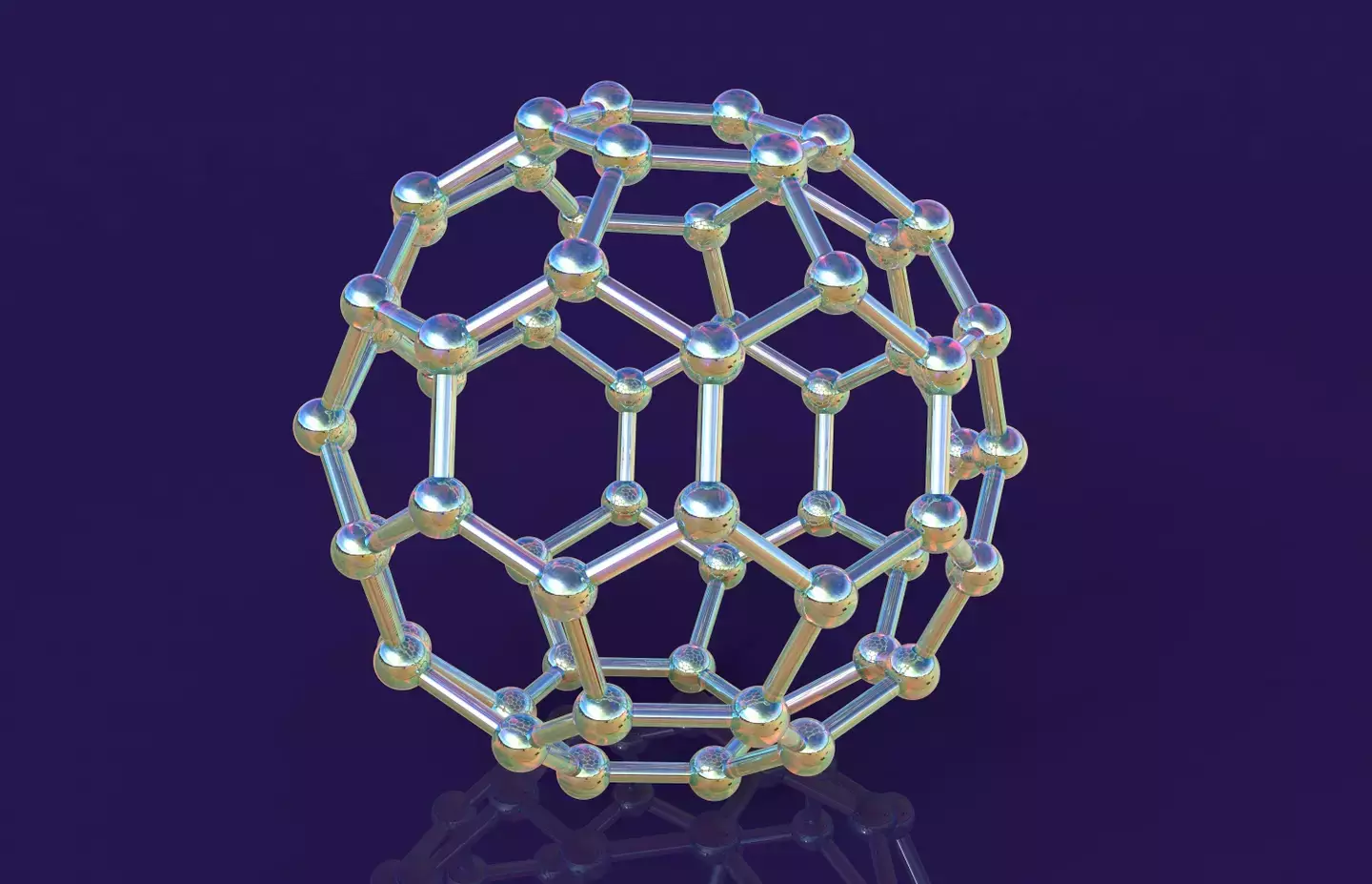 An illustration of a buckminsterfullerene atom, showing the distinctive 'cage' structure (KATERYNA KON/SCIENCE PHOTO LIBRARY / Getty)
