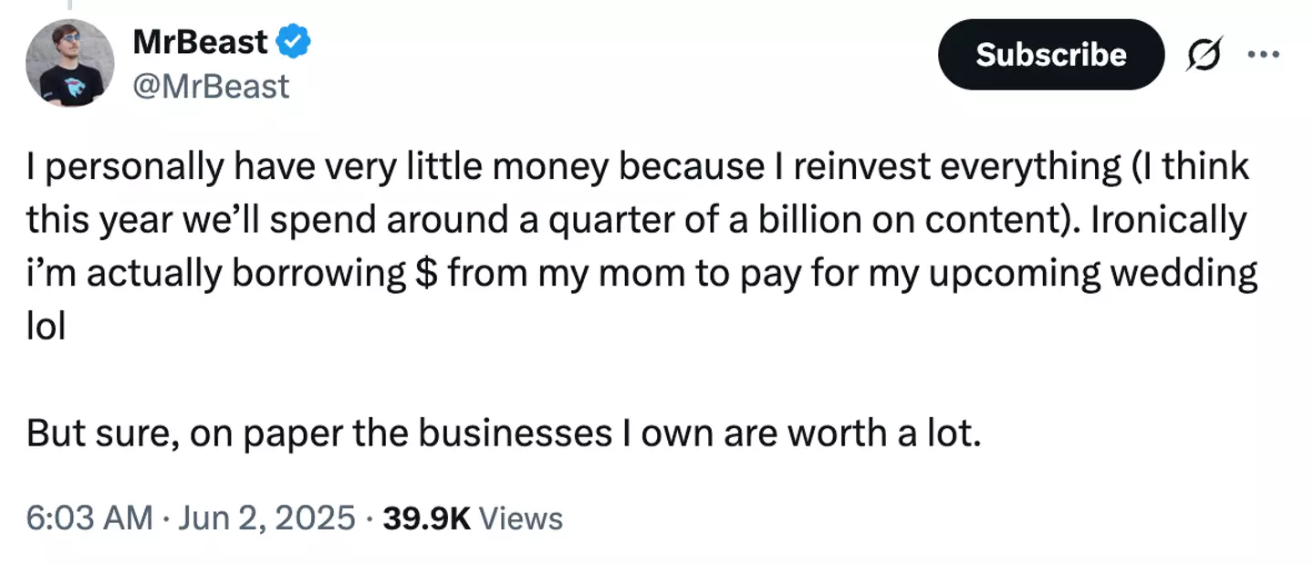 MrBeast said he's had to borrow money from his mom for his wedding (Twitter/MrBeast)