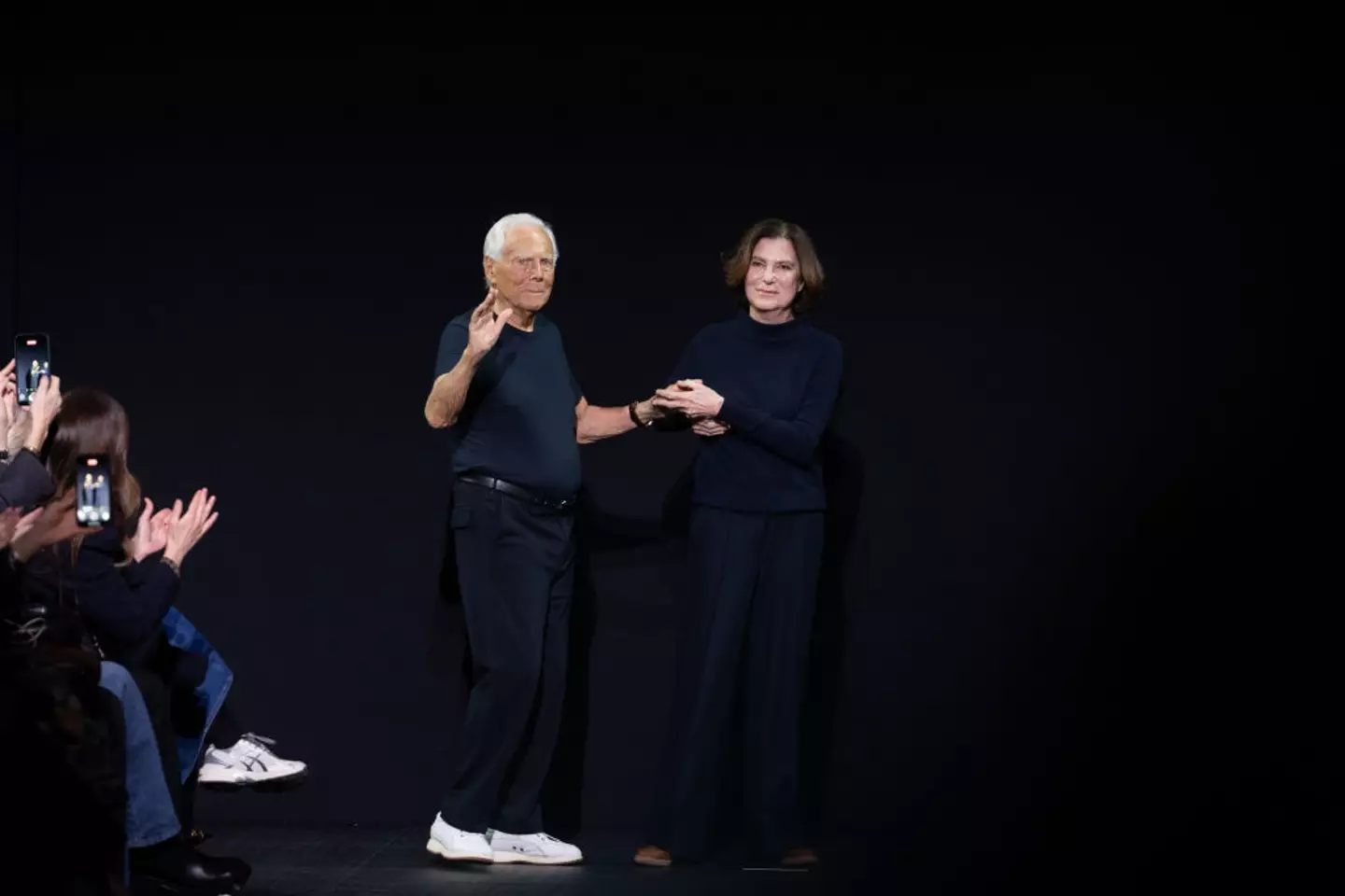 Italian designer Giorgio Armani at the end of his Emporio Armani fashion show at Milan Fashion Week Women's Collection Fall Winter 2025, in February (Matteo Rossetti/Archivio Matteo Rossetti/Mondadori Portfolio via Getty Images)