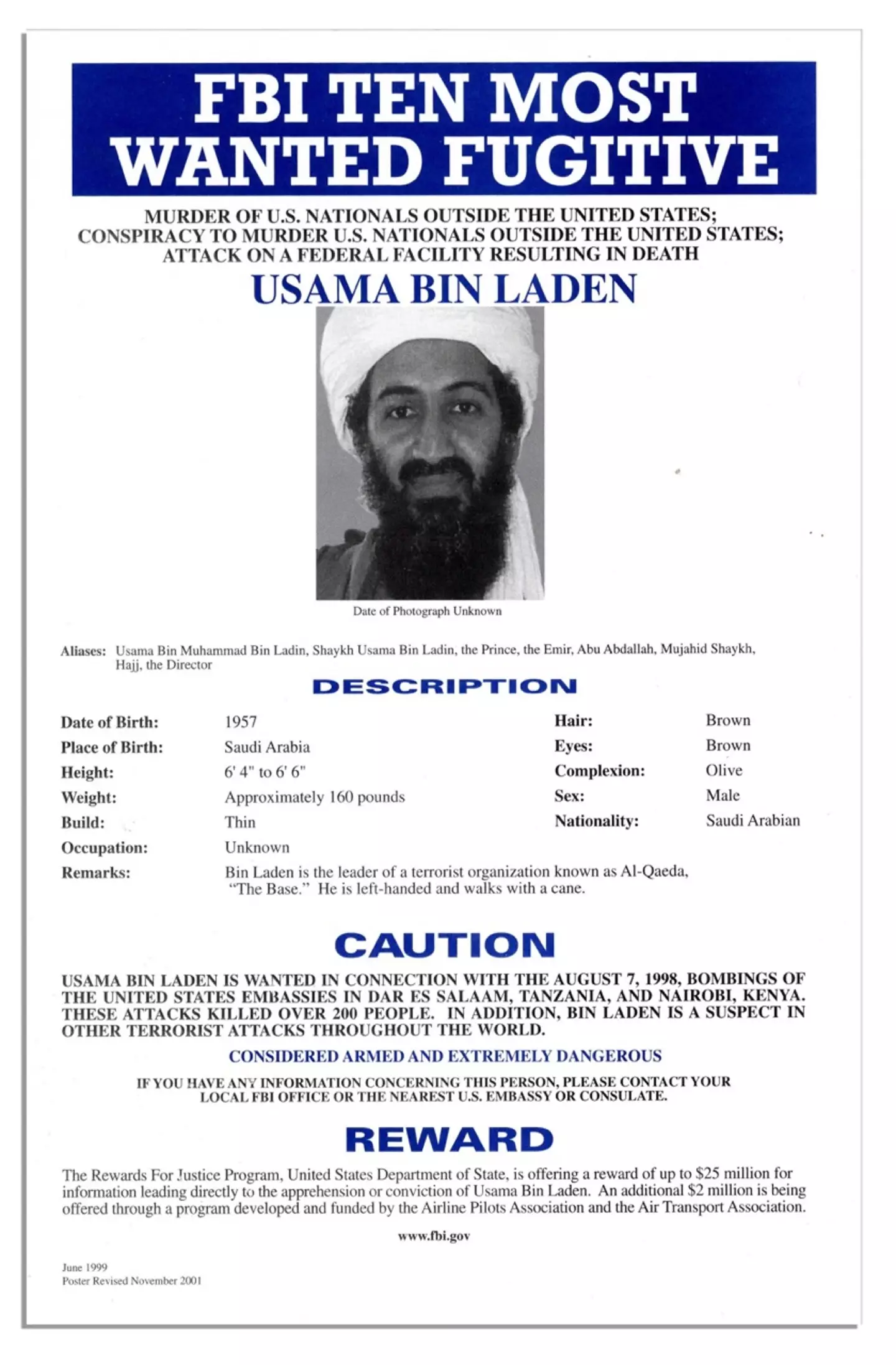 Top Ten Most Wanted notice issued by the FBI for Osama Bin Laden.