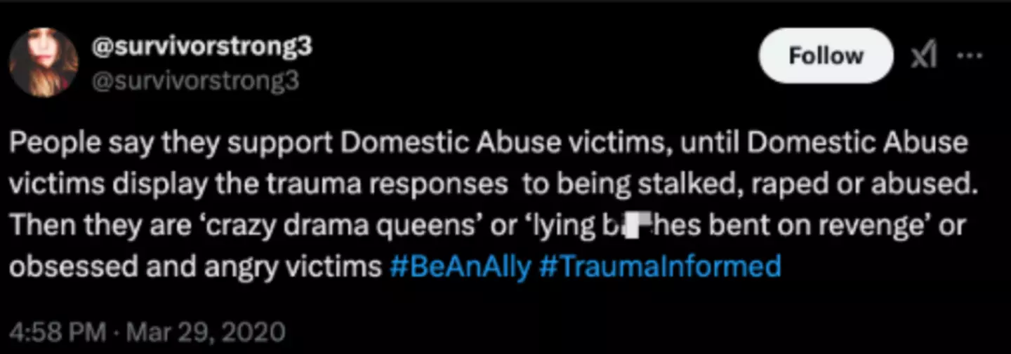 Responses to Domestic Abuse victims (Twitter/ @survivorstrong3)