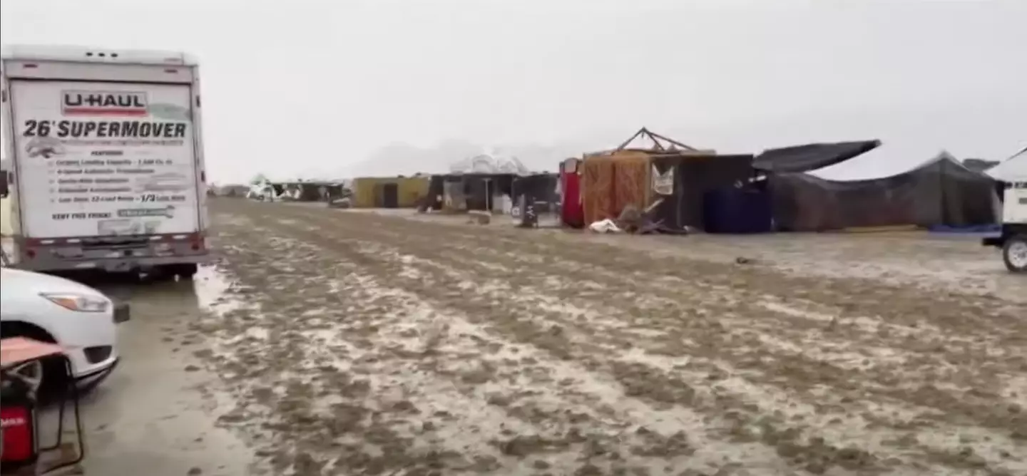 Heavy rain has turned the Burning Man Festival campgrounds into a muddy mess.