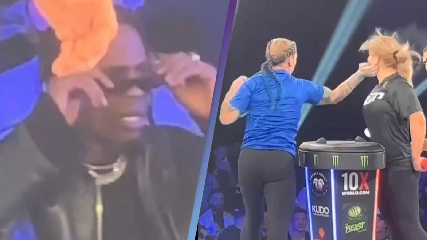 Travis Scott gives hilariously stunned reaction after watching a woman get knocked out in a slap competition