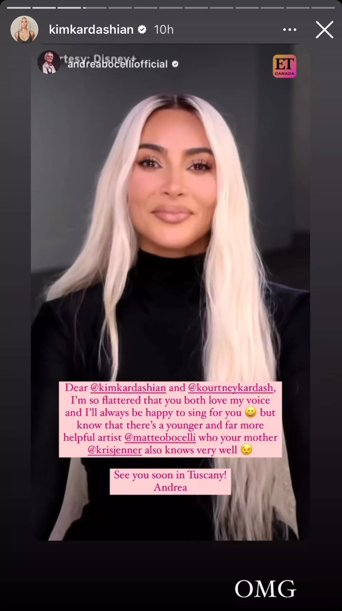 Kim Kardashian reacted to Andrea Bocelli's reaction.
