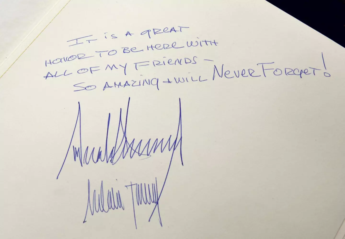 Donald (top) and Melania's signatures in the Yad Vashem Holocaust Memorial Museum guest book in 2017 (DEBBIE HILL/POOL/AFP via Getty Images)