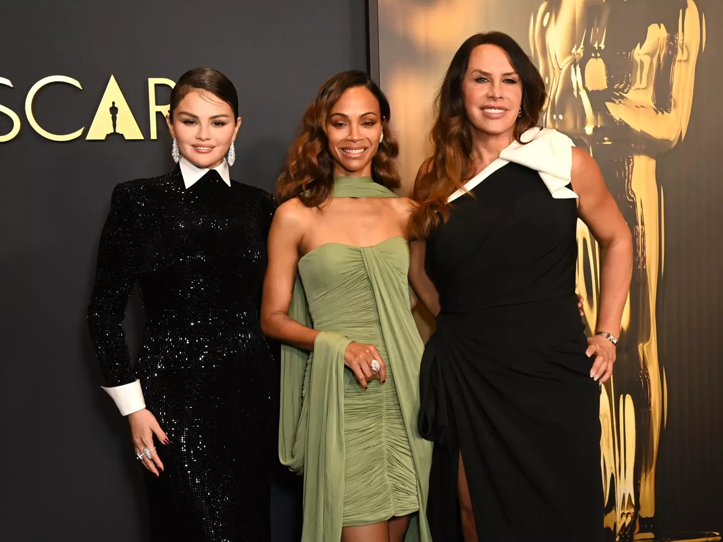 Selena Gomez pictured with her Emilia Pérez co-stars Zoe Saldana and Karla Sofía Gascón (Jon Kopaloff/Getty Images)
