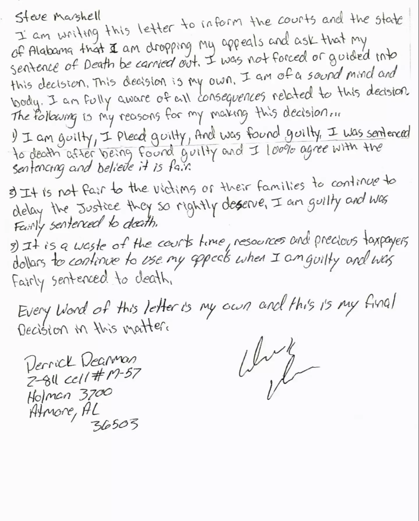 In the build-up to his execution, Dearman wrote a letter addressing why he wanted to be executed (Alabama Attorney General’s Office)