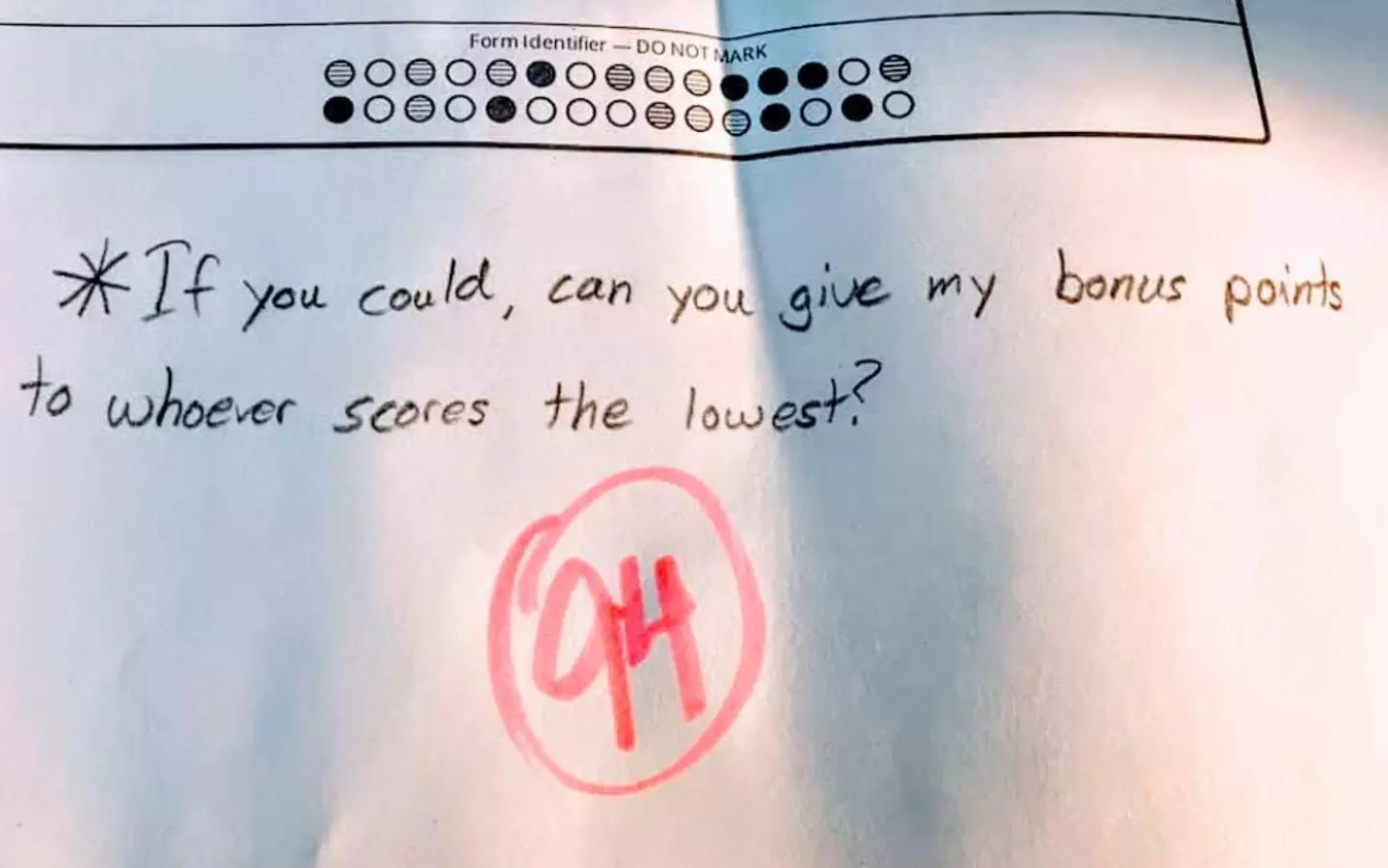 The student wrote the note to his teacher on the test.