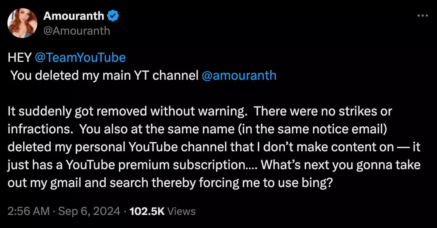 Amouranth's main YouTube channel has vanished (Twitter/@Amouranth)