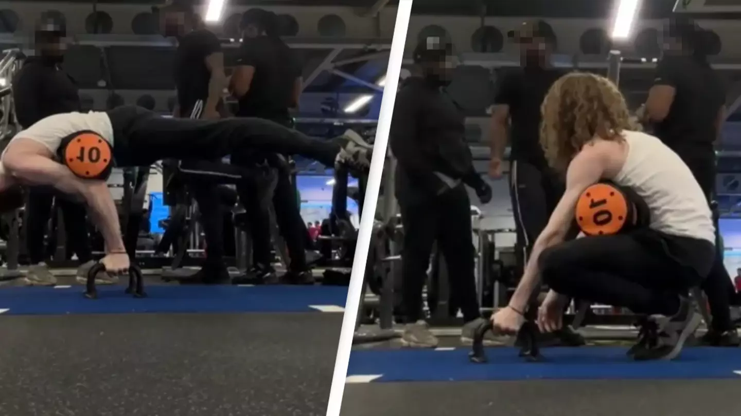 Gym goer hits out at 'jealous' guy for trying to kick him off balance during set