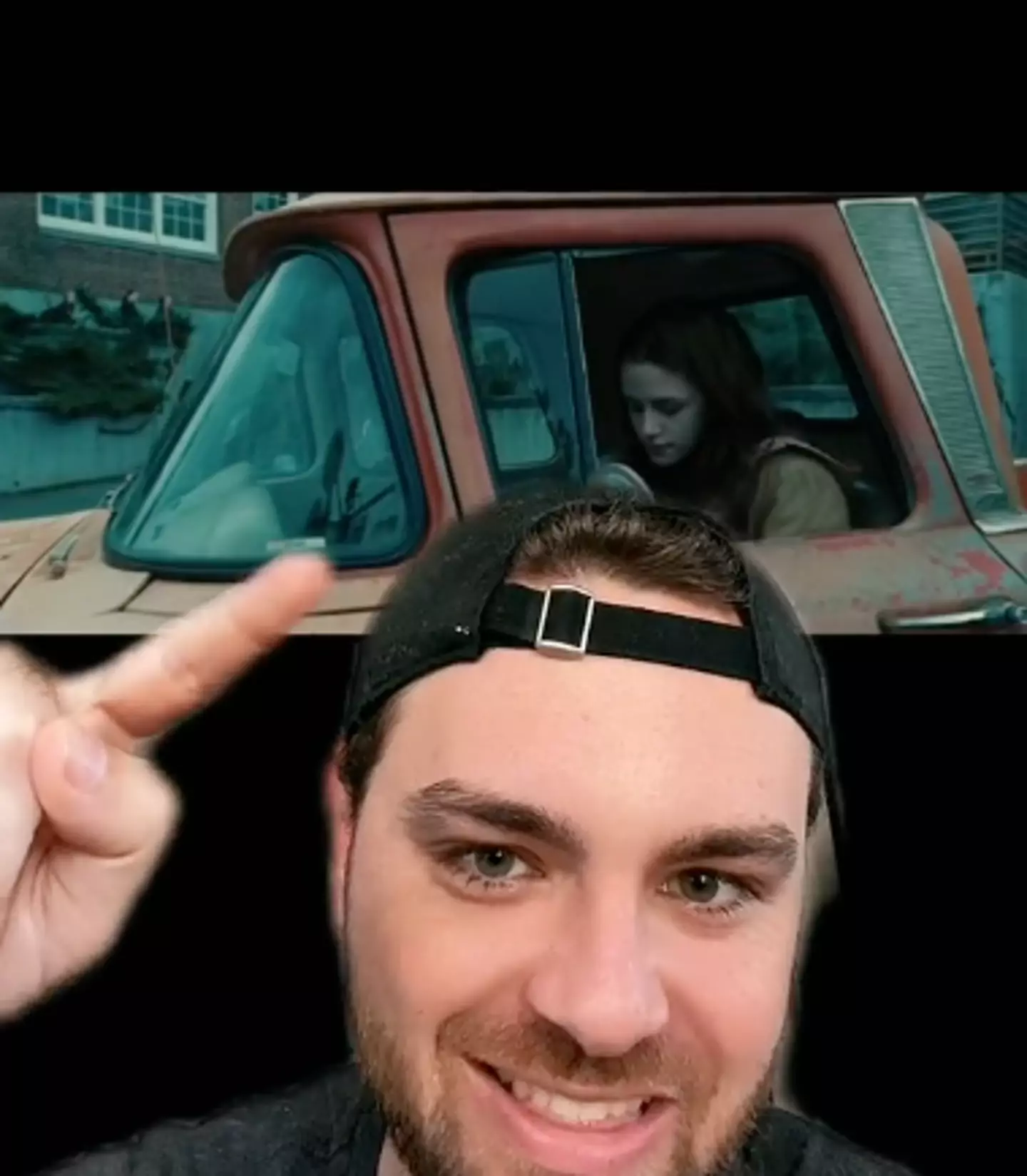 A boom mic and camera can be seen in the reflection of the car window (moviemessups/TikTok)