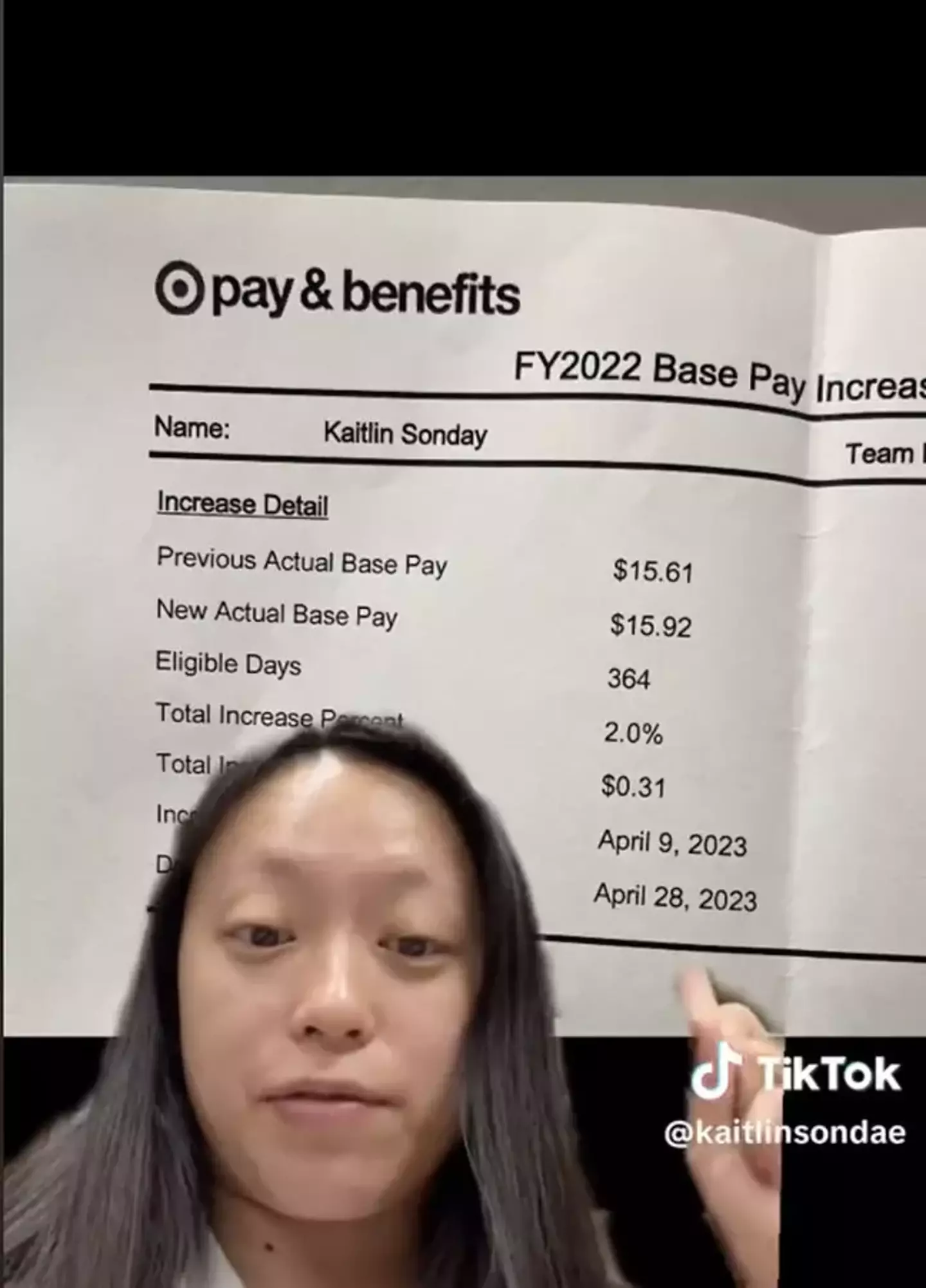 Kaitlin showed that she had received a 2 percent pay rise this year.