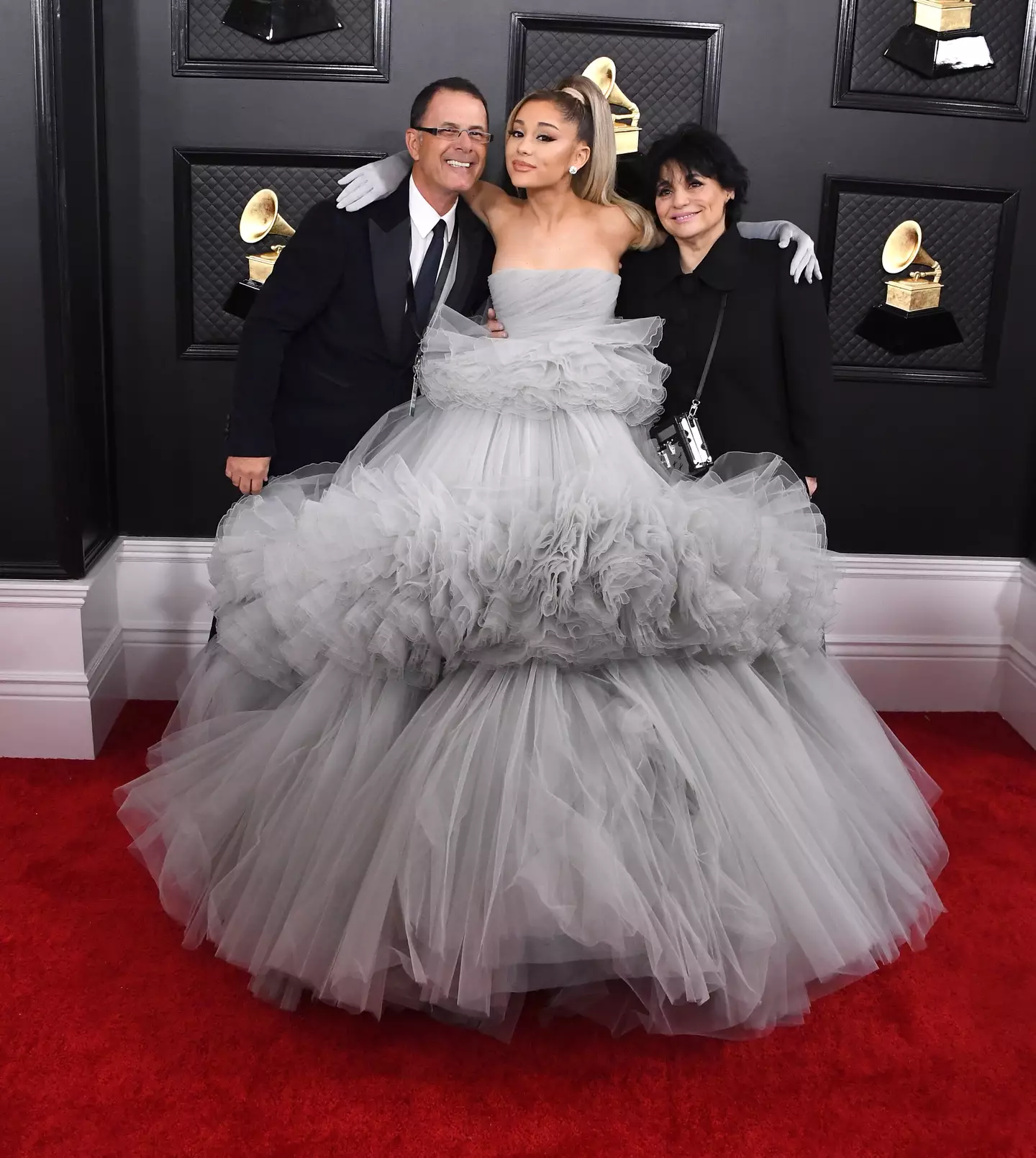 Grande was joined by her parents on the red carpet at the 2020 Grammy Awards (Steve Granitz/WireImage)