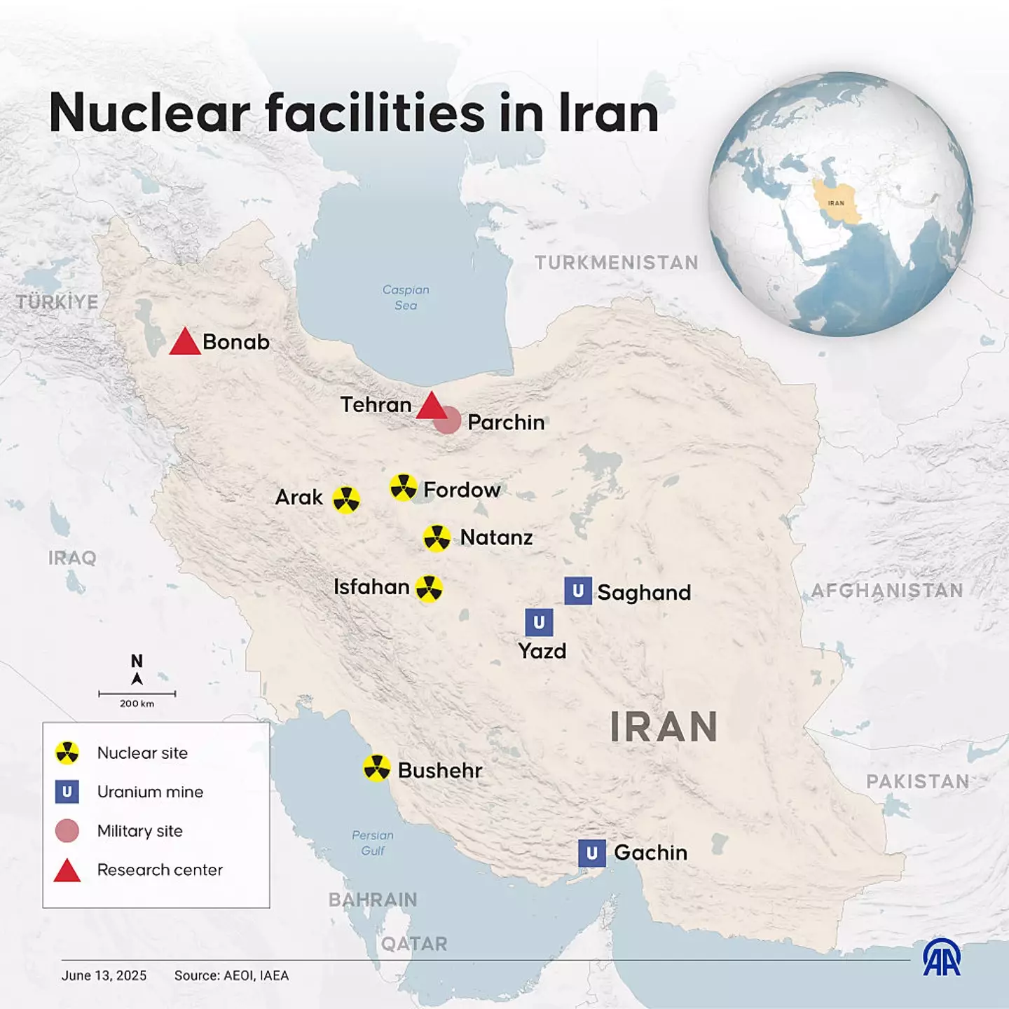 Infographic of where Iran's nuclear sites are located (Ufuk Celal Guzel/Anadolu via Getty Images)