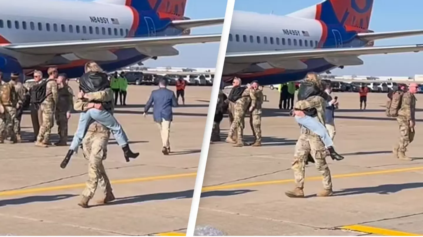 Heartwarming moment woman jumps into soldier’s arms as he returns from deployment for Christmas