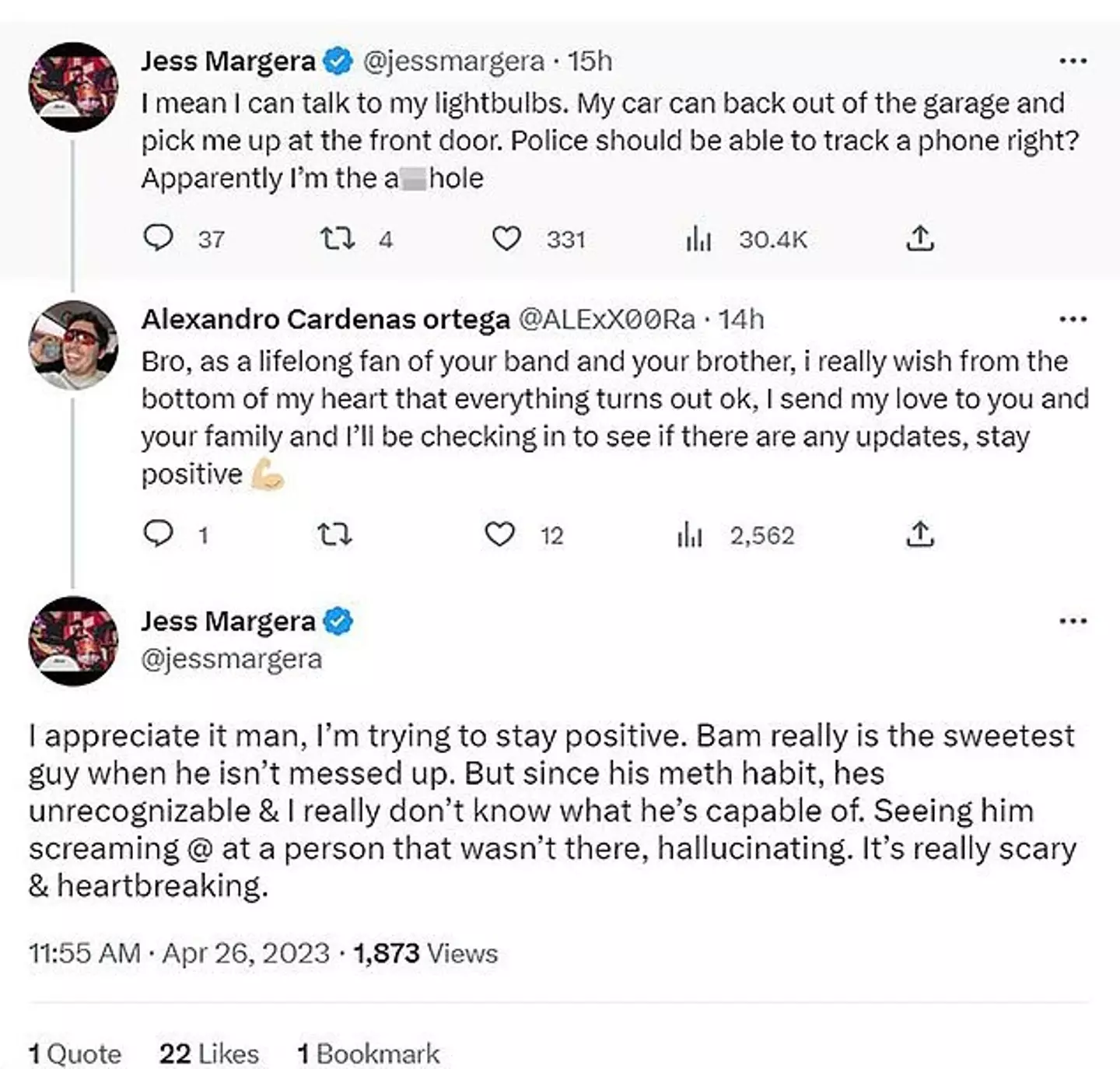 Bam Margera's brother Jess shares the 'scary' incident that led to the Jackass star being on the run from police.