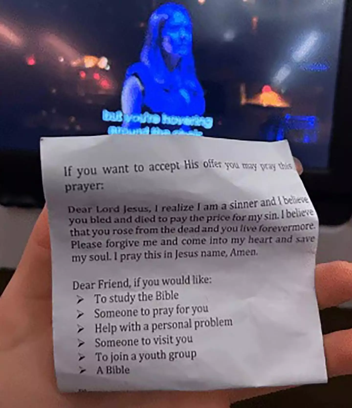 A woman was handed this note whilst watching Magic Mike on a flight.