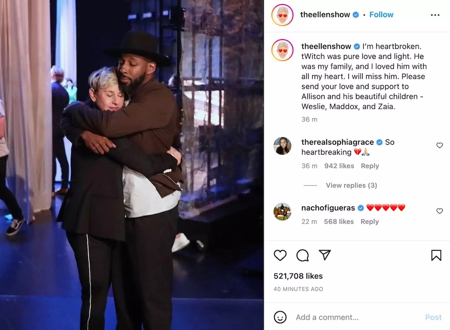 Ellen DeGeneres said she is 'heartbroken' at the death of Stephen Boss.