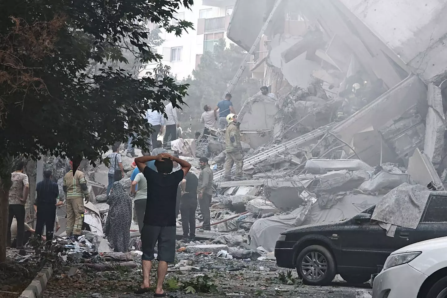 Damage to buildings in Nobonyad Square, Tehran, following Israeli airstrikes. Iran's three top military generals were killed in the attacks that also targeted nuclear and military facilities (Majid Saeedi/Getty Images)