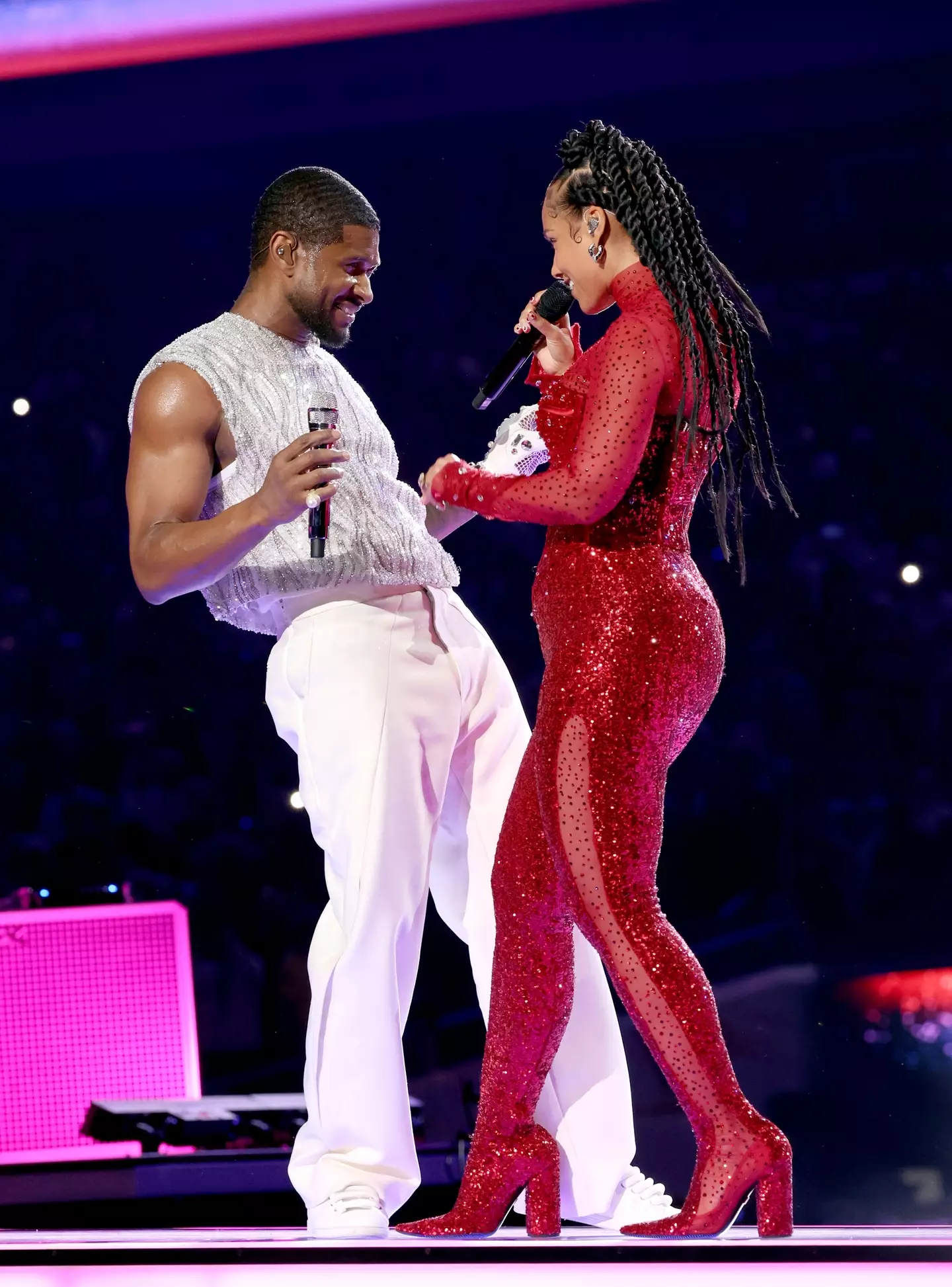 Usher and Alicia Keys perform at the Super Bowl.