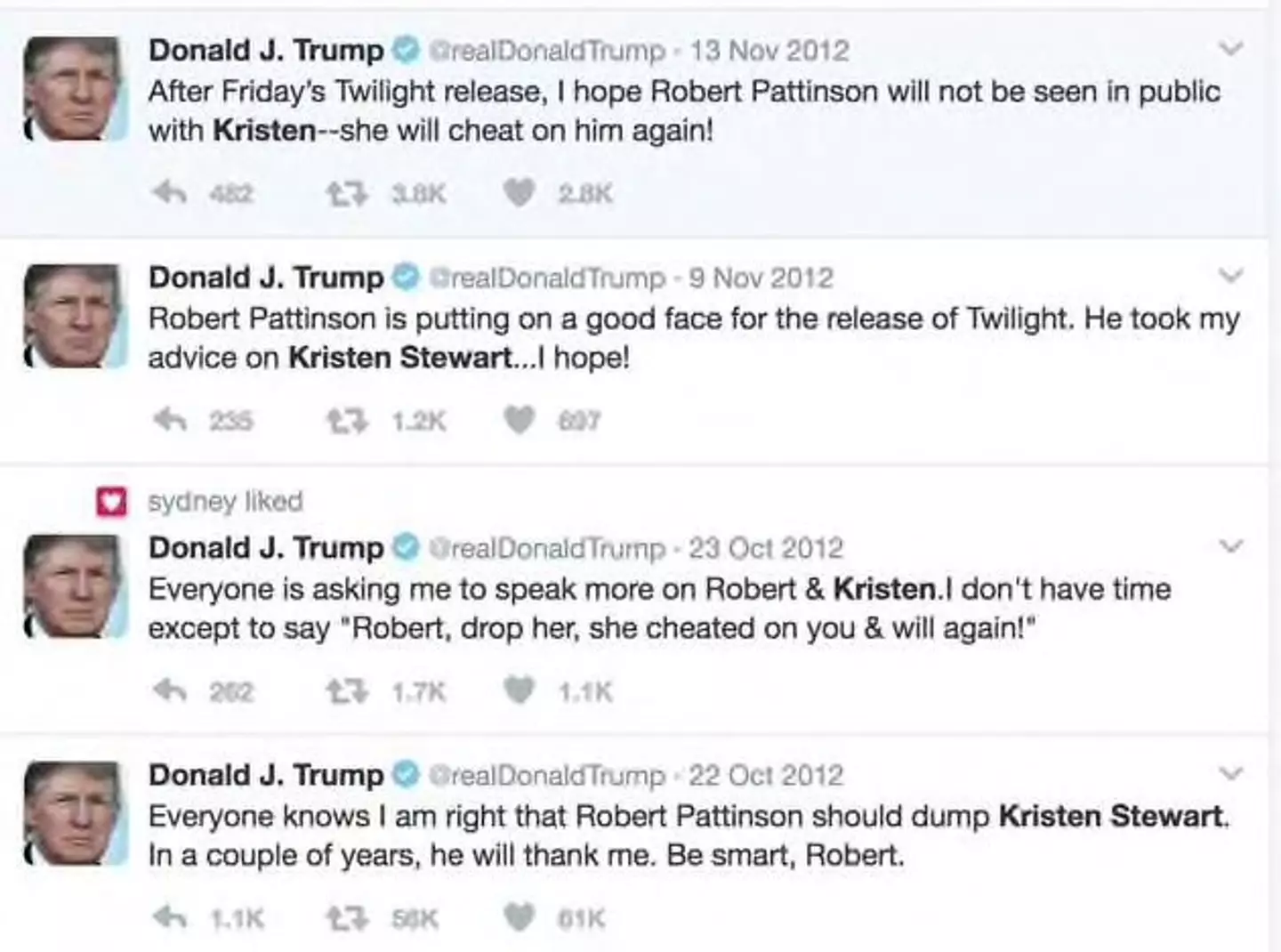 For some reason Trump was really into Kristen Stewart and Robert Pattinson's relationship.