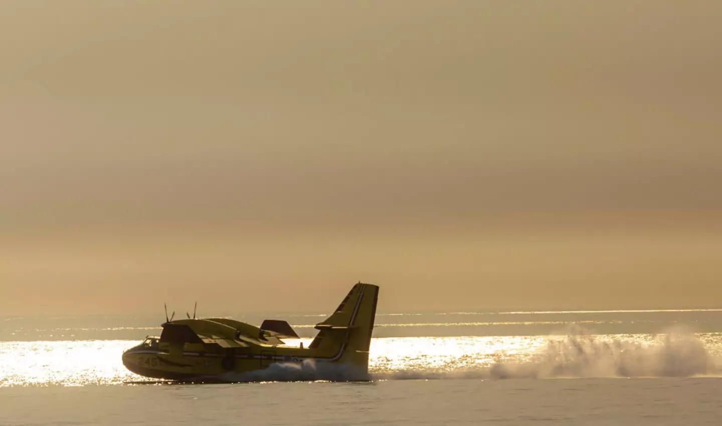 A super scooper water-dropping firefighting aircraft refills with water during the LA wildfires (Jill Connelly/Bloomberg via Getty Images)