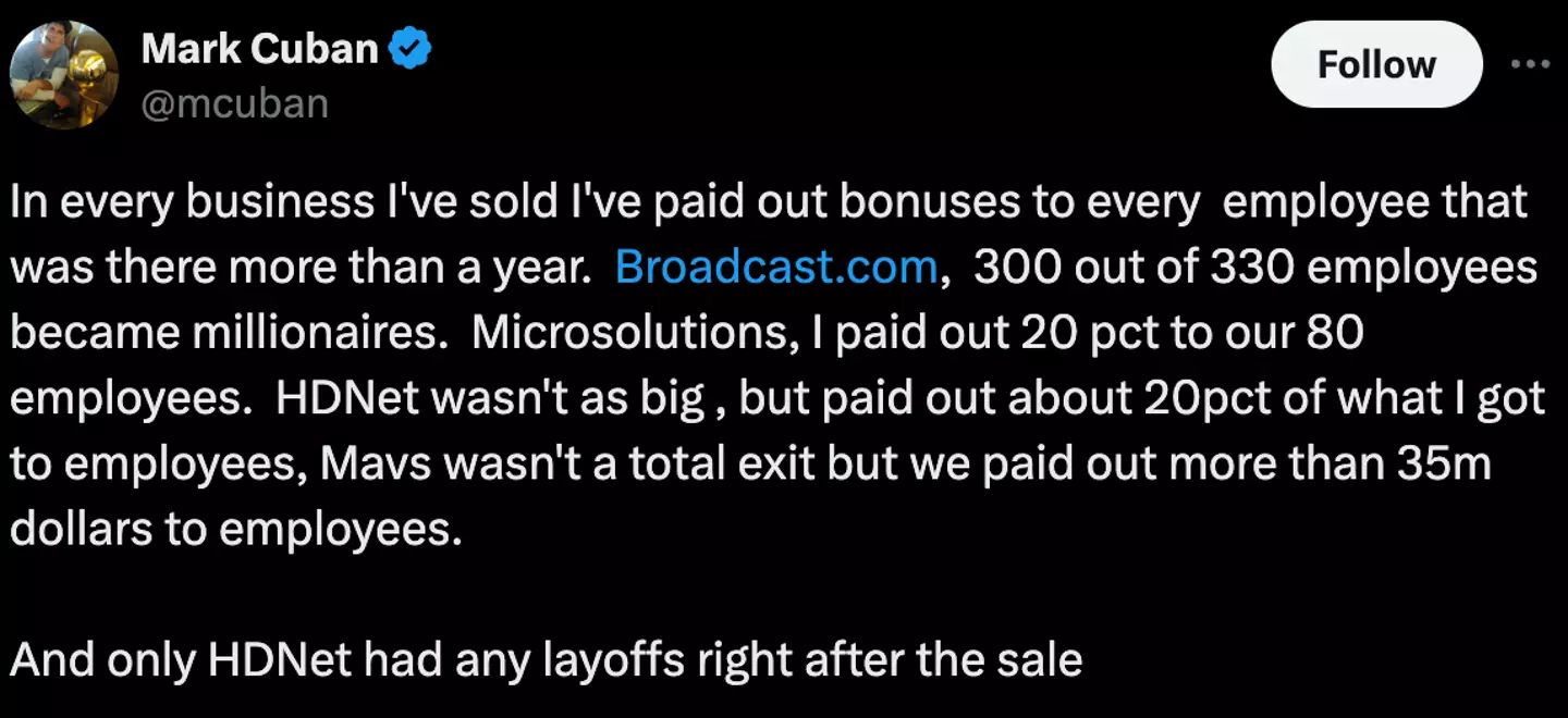 In selling Broadcast, Cuban made a majority of the company's employees millionaires (X/ @mcuban)
