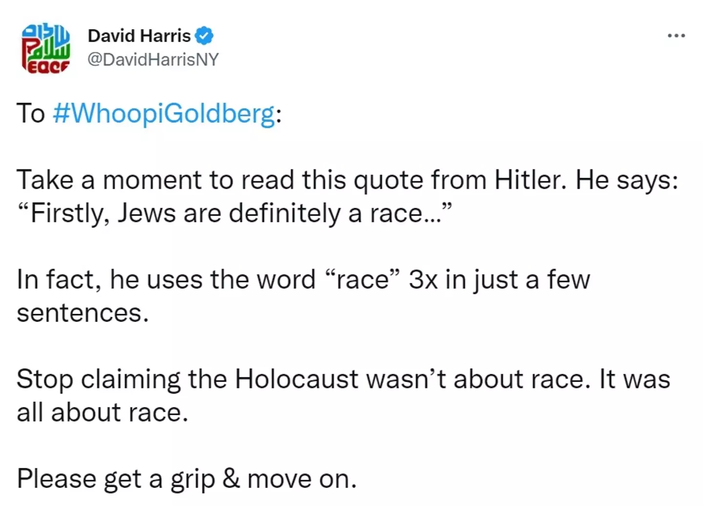 The CEO of the American Jewish Committee said Goldberg should 'stop claiming the Holocaust wasn't about race'.