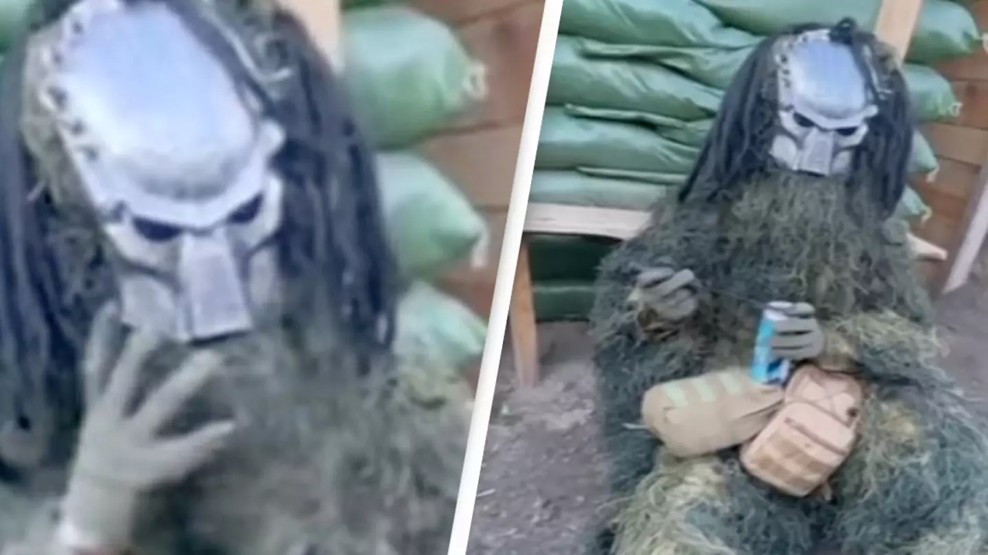 Ukrainian Sniper Fights Russia Dressed As Predator Wielding Knife And Energy Drink