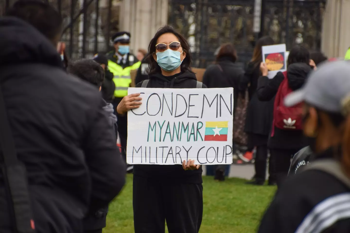Protesters condemned the military coup in Parliament Square.