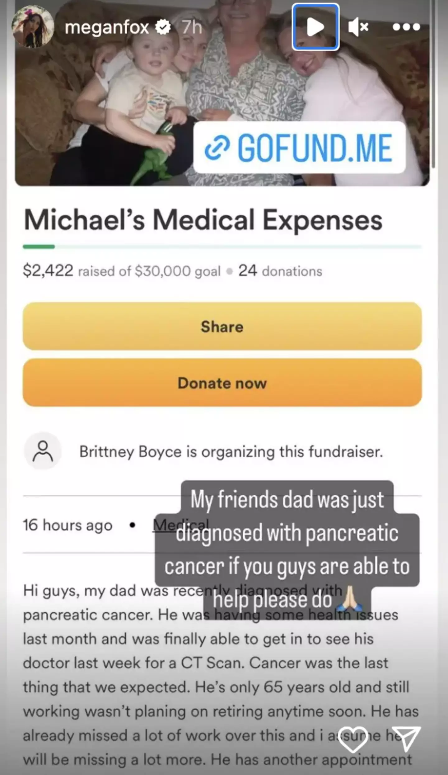 Megan Fox shared the GoFundMe on her own Instagram account.