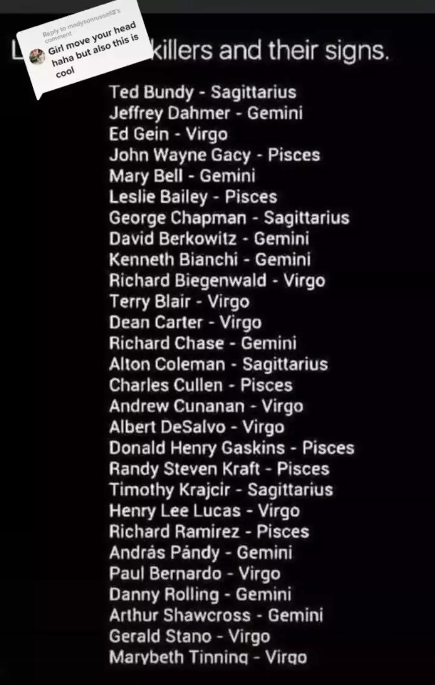 Skirvin later shared the full list in a follow-up video.